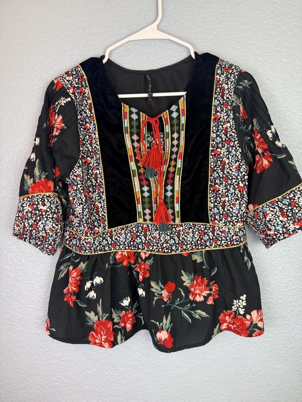 Ban.jara Blouse Womens Large Multicolor Floral Embroidered Tassel Boho Tunic Top